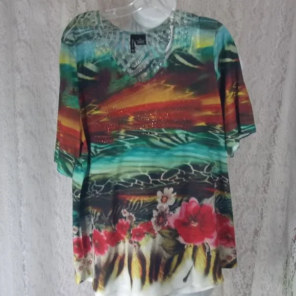 New Direction Tropical Print Green Pink Knit Top  NWOT  Plus 2X