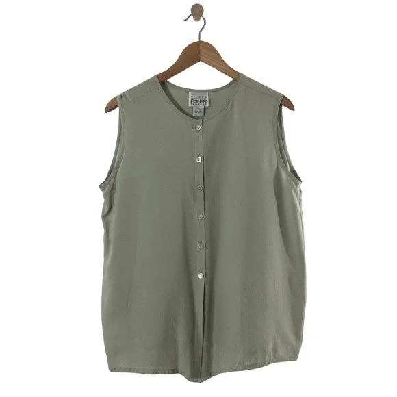Eileen Fisher Sage Green 100% Silk Ribbed Sleeveless Button Down Top Size 1