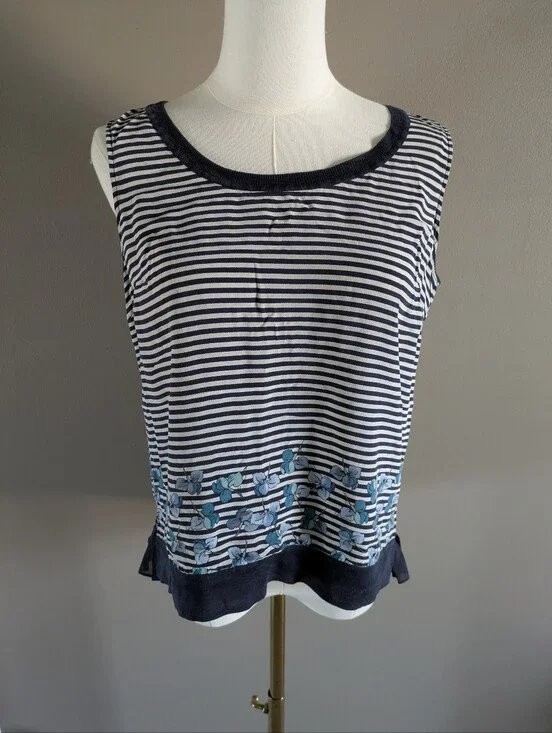 Tory Burch Sleeveless Blue & White Striped Floral 100% Silk High Low Top