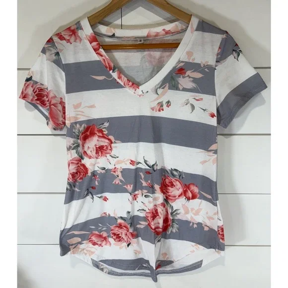 Women's White and Grey Striped Floral V Neck Short Sleeve Top Medium No Brand
