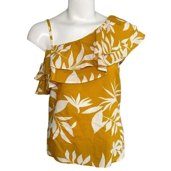 Womens Old Navy Mustard Yellow Asymmetrical‎ Sleeve Ruffle Linen Blend Top sz S