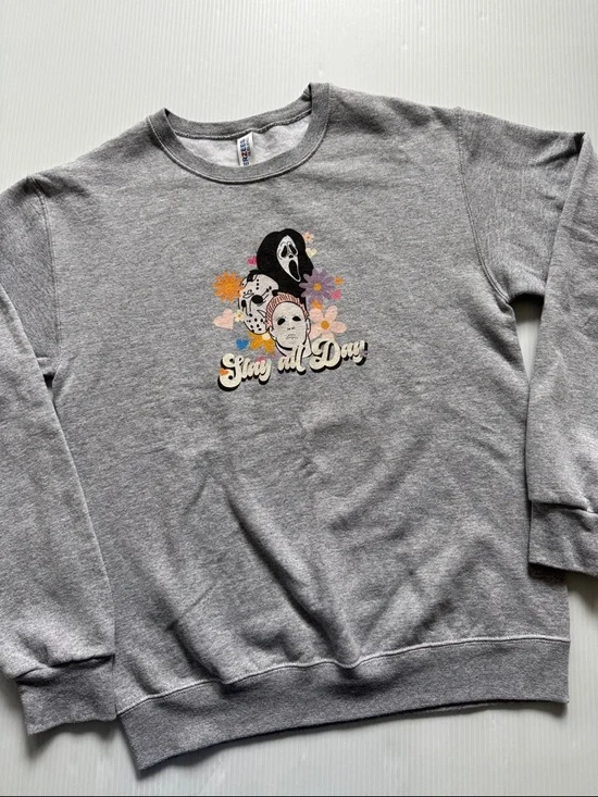 Jerzees Grey Graphic 'Slay All Day' Horror Mask Crewneck Sweatshirt.  Size small