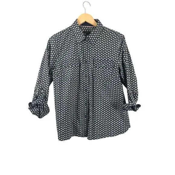 Talbots Navy Printed Button Front Cotton Shirt Women’s XS Roll Tab Sleeves‎
