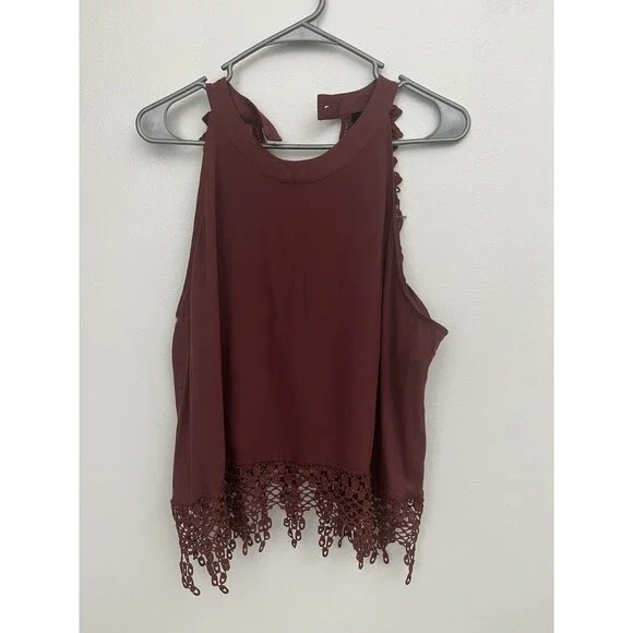 Rue 21 Women’s Top Blouse Crochet Sleeveless Halter Neck Size L Burgundy