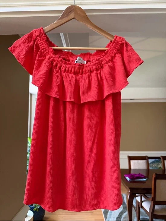 LOFT Off-Shoulder Ruffle Top in Coral Red