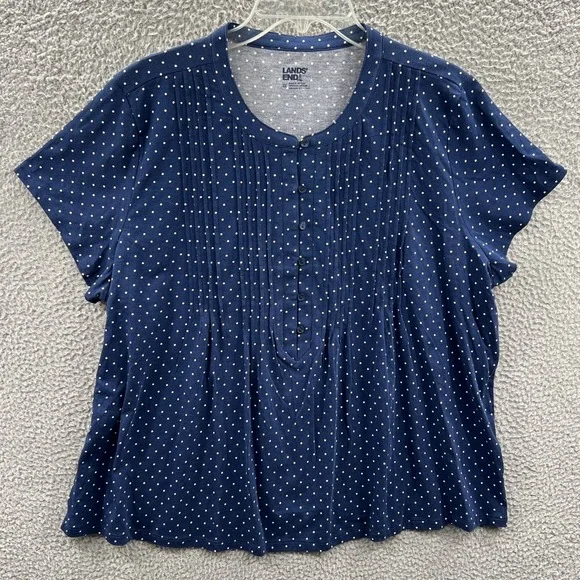 Lands End Womens Top XXL Navy Polka Dot Button Front Casual Everyday Soft