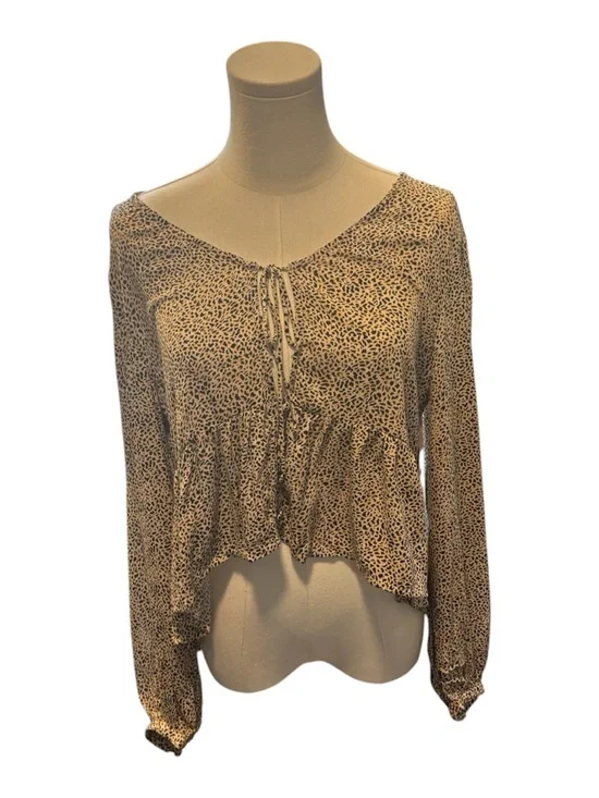 Billabong Women’s Printed Peplum Long Sleeve Blouse | Size Medium | Boho Tie Nec