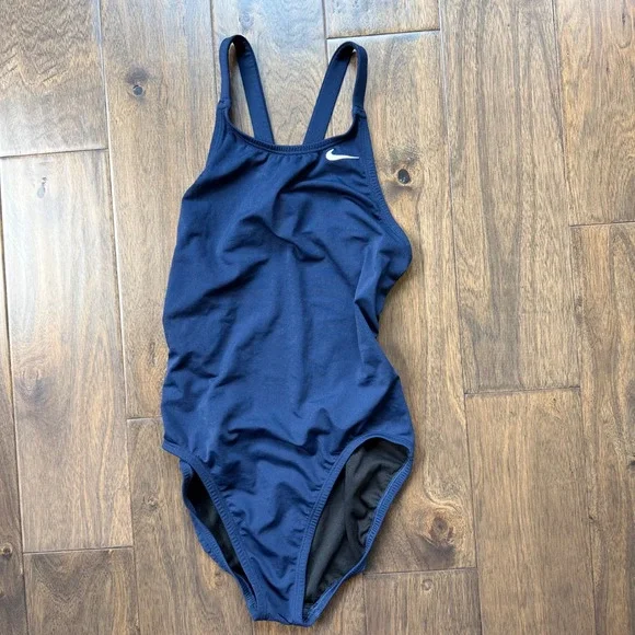 Nike One Piece Swimsuit Women 24 Navy  EUC Racerback Athletic Training Sporty