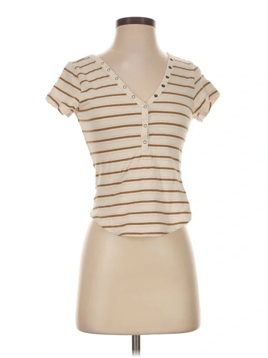 Pilcro Cream and Brown Striped V-Neck Short Sleeve Tee