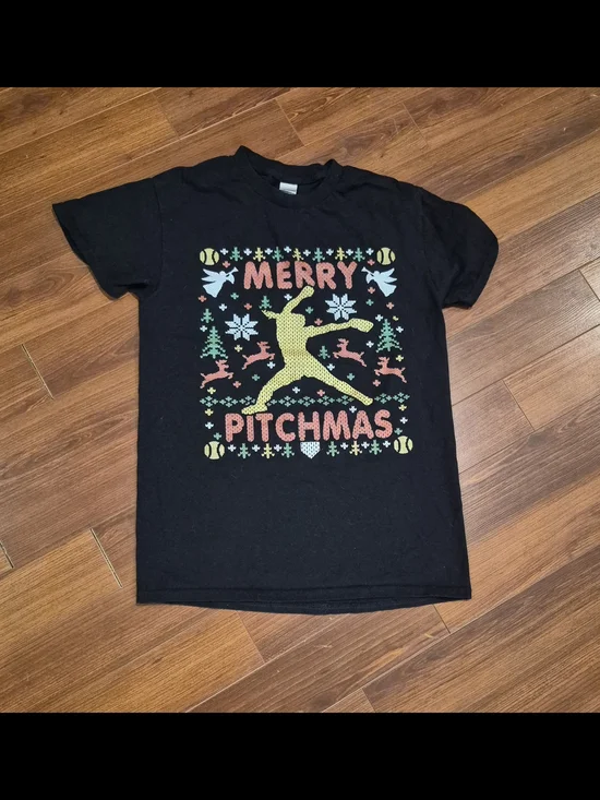 Fastpitch Softball Black Tee with Red, Yellow & Green Cute Holiday Print