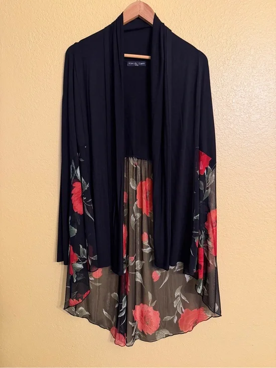 Kim & Cami Black Open-Front Cardigan with Red Floral Sheer Hem