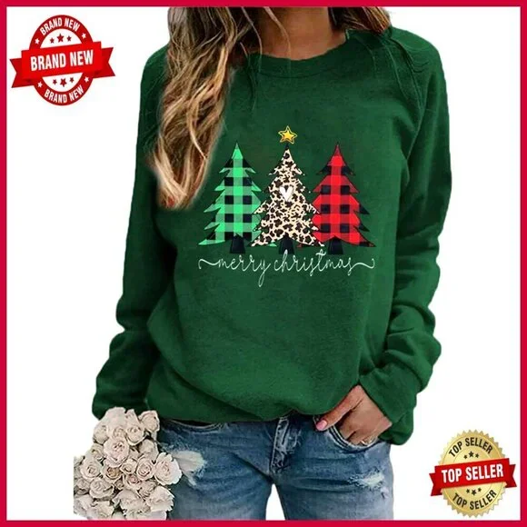 Leopard Christmas Tree Graphic Sweatshirt Long Sleeve Crew Neck Holiday Tops