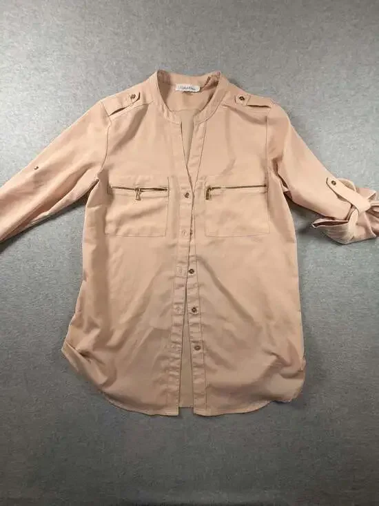 Calvin Klein Women's Blush Peach Button-Down w/Zip Pockets  Roll-Tab Sleeves