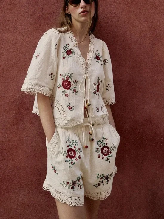 Zara 2 Pieces Embroidered Cotton Floral Top & Matching Shorts NWT
