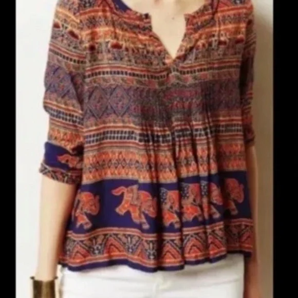 Anthropologie Vanessa Virginia Elephant Tribal Pintuck‎ Boho Peasant Top Size 12