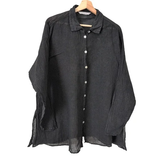 Luna‎ Luz Black Linen Button Down Shirt Women Size Small Long Sleeve Lagenlook