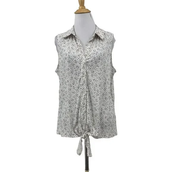 Adrianna Papell Printed Knit Blouse Women M White Sleeveless Button Up Tie Front