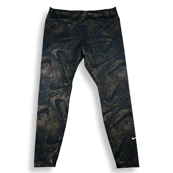 Nike Womens Gold Foil Splatter Swoosh Leggings Black High Waisted Tights XL