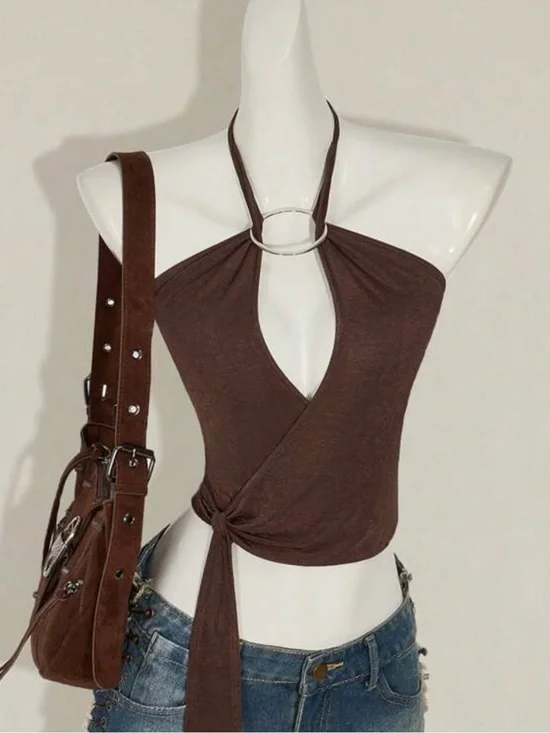 Brown Halter Tie-Waist Women’s Top
