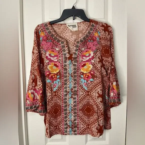 Savanna Jane Burnt Orangish Brown Paisley Bohemian Lightweight Top size Small