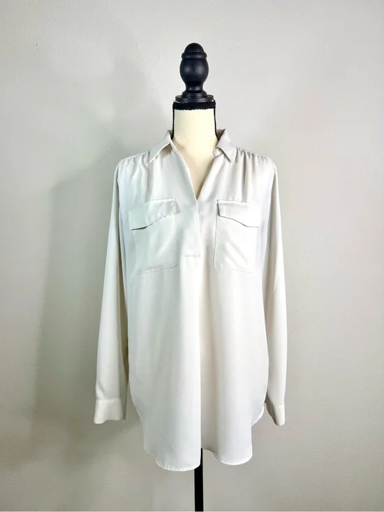 Ann Taylor Ivory Long-Sleeve Collared Dress Shirt