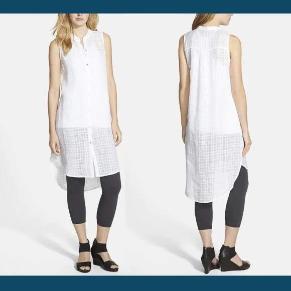 NWT‎ $248 Eileen Fisher Mandarin Collar Linen Shirtdress in White [SZ PP ]