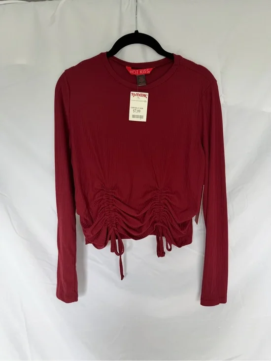 Hot Kiss Long Sleeve Ruched Drawstring Top - Red