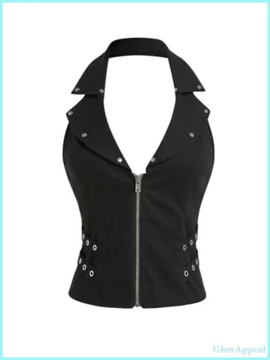 Goth Punk Halter Tank Top Zip Up Sleeveless Clubwear Festival Top