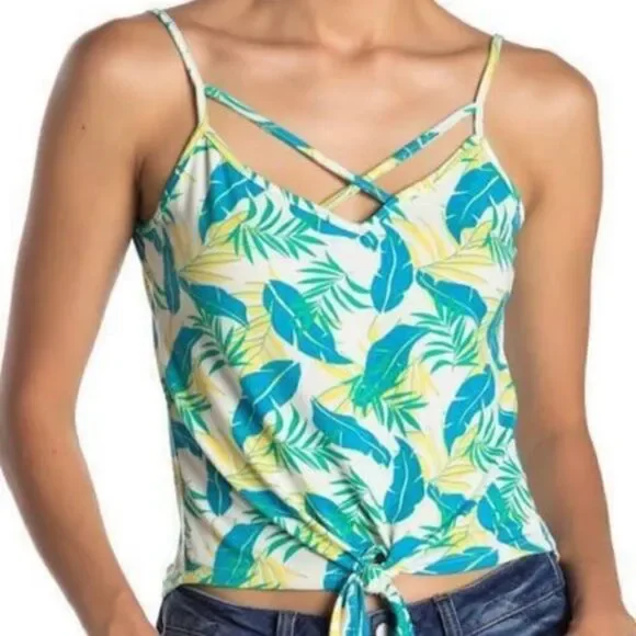 Poof Leafy Palm Print Tie‎ Front Strappy Neckline Tank Top Green Yellow Large
