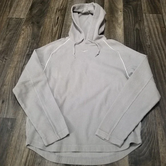 Nike Hoodie Swoosh Ribbed Knit Pullover Vintage 00s Gray Center Check Womens M