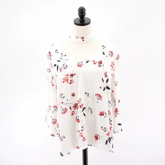 A.N.A. XL Sheer V-Neck W/ Choker White Black Red Sheer Floral Blouse Top Long Sl