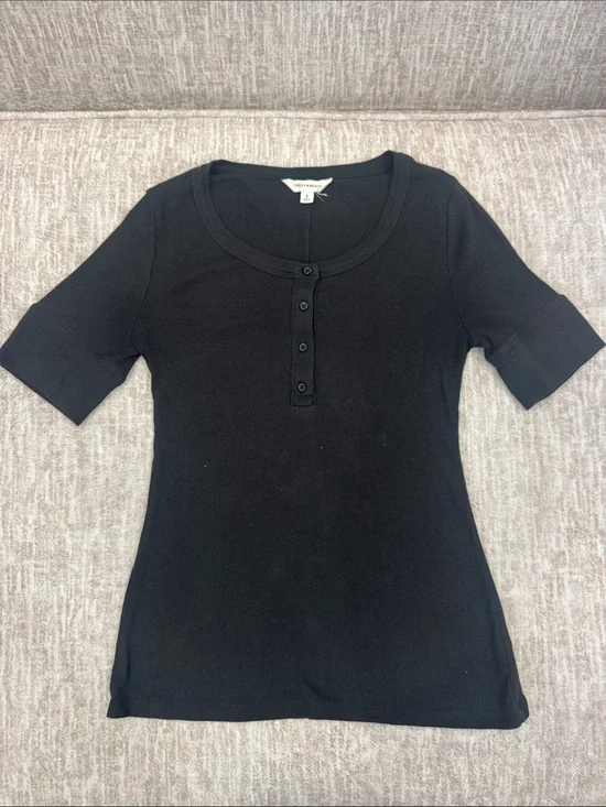 Lucky Brand Black Short Sleeve Henley Ribbed Tee