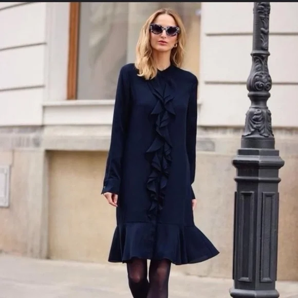 NWT TORY BURCH JANE RUFFLE NECK FLOUNCE HEM NAVY SHIFT DRESS SIZE  14