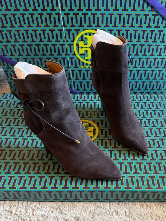 Tory Burch Lila Dark Gray Suede Ankle Bootie