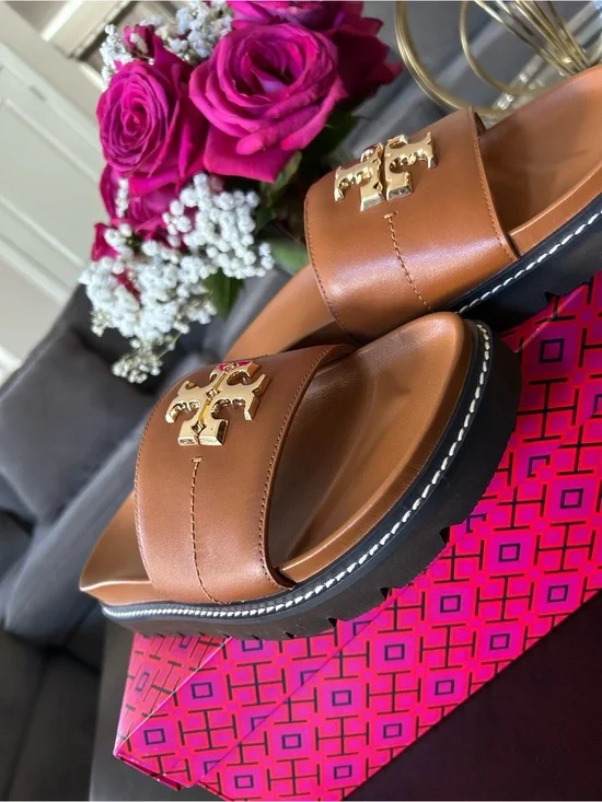Tory Burch Tan Leather Slide Sandals with Gold Logo
