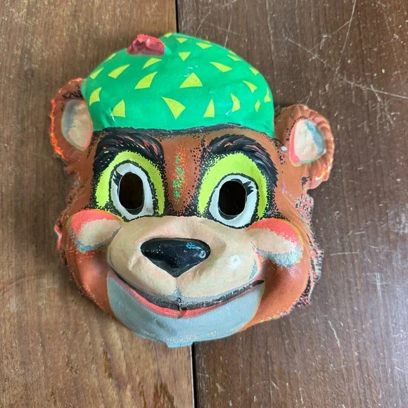 Vintage Ben Cooper 1970s Plastic Bear with Hat Neon black light‎ full face mask