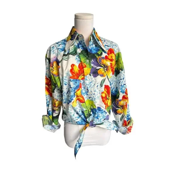 Dolce & Gabbana Tropical Floral Print Shirt Tie Front Hydrangea Size 42
