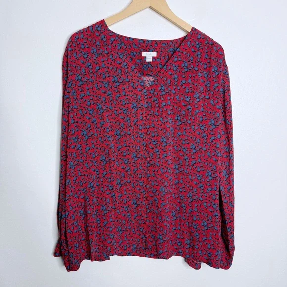 J. Jill Red Blue Patterned Rayon Button‎ Down Shirt Long Sleeve Large Casual