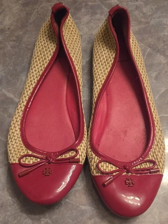 Tory Burch Red Patent Leather Bow Raffia Ballet Flats