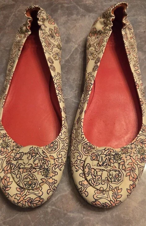 Tory Burch Cream Floral Ballet Flats with Coral Insole