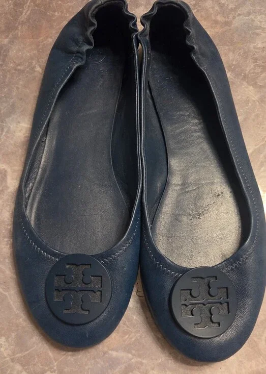Tory Burch Navy Leather Logo Ballet Flats