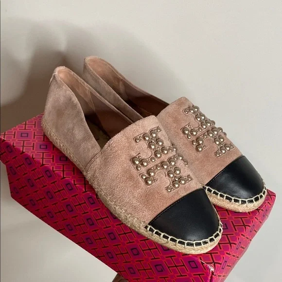 Tory Burch | Women’s Stud Pearls Logo Suede Espadrilles in Meadowsweet Size 10
