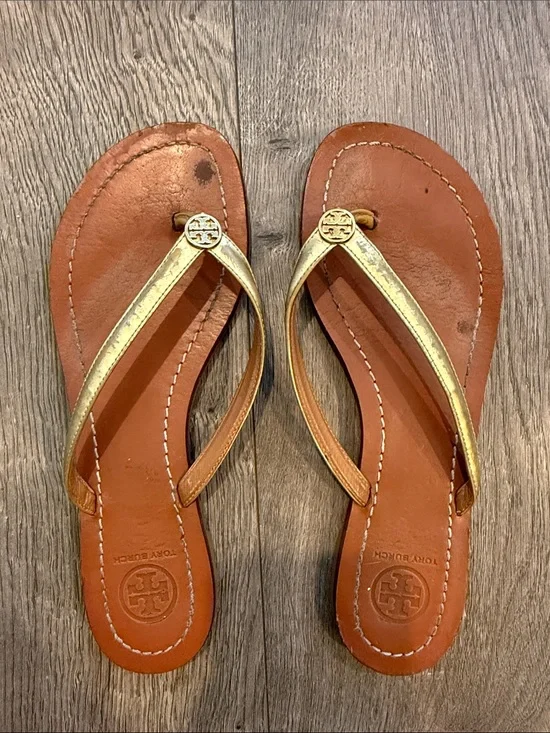Tory Burch Gold Leather Terra Thong Flip Flop Sandals sz 7