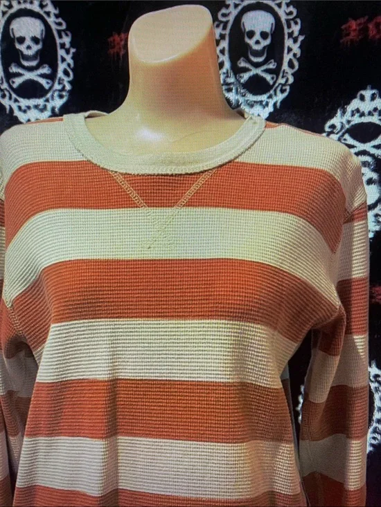 Striped Long-Sleeve Waffle Knit Top - Rust & Cream