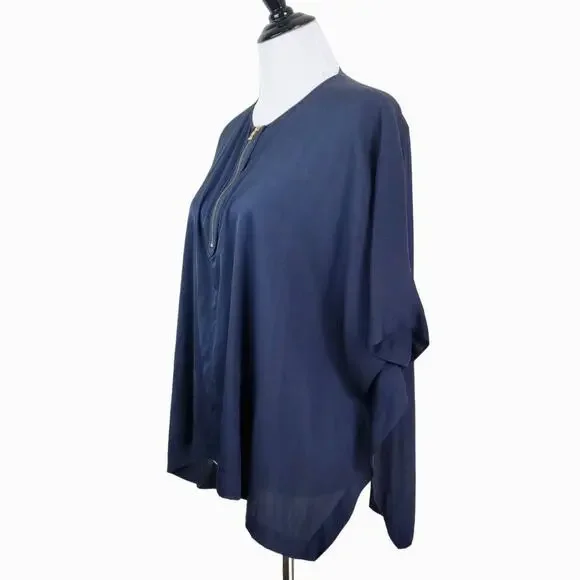 Vince Size S Stretch Silk Satin Boxy Blouse Gold Zipper Neck Navy Blue