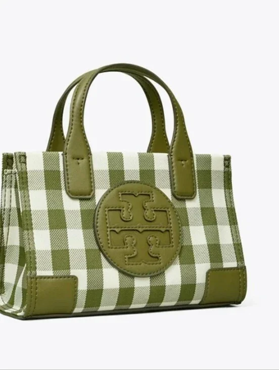 Tory Burch Ella Micro Tote in Olive Green & White Gingham