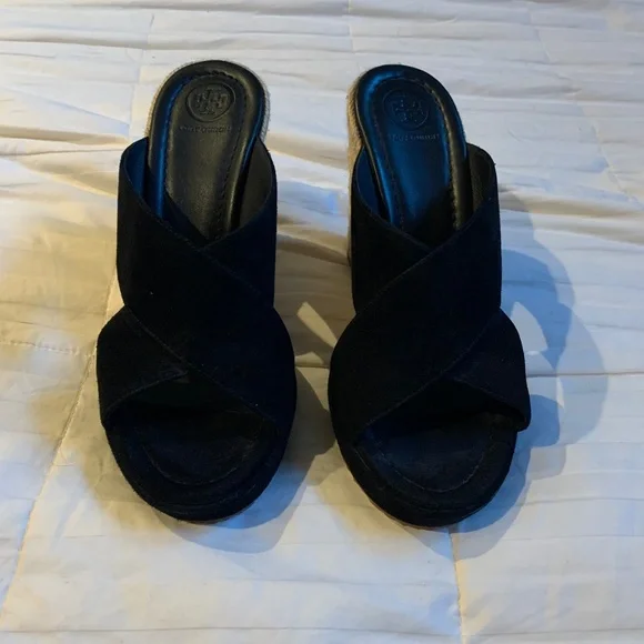Tory Burch Black Suede Leather Platform Wedge Slides sz 8.5 M