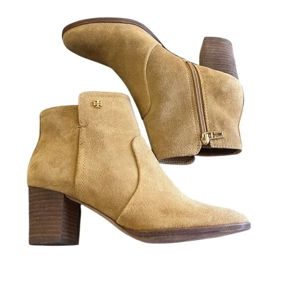Tory Burch‎ Ankle Booties Womens 7.5 Tan Side Zip Block Heel Logo