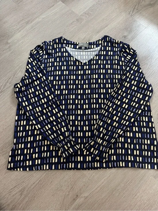 Ulla Popken Navy and Cream Printed Long Sleeve Top