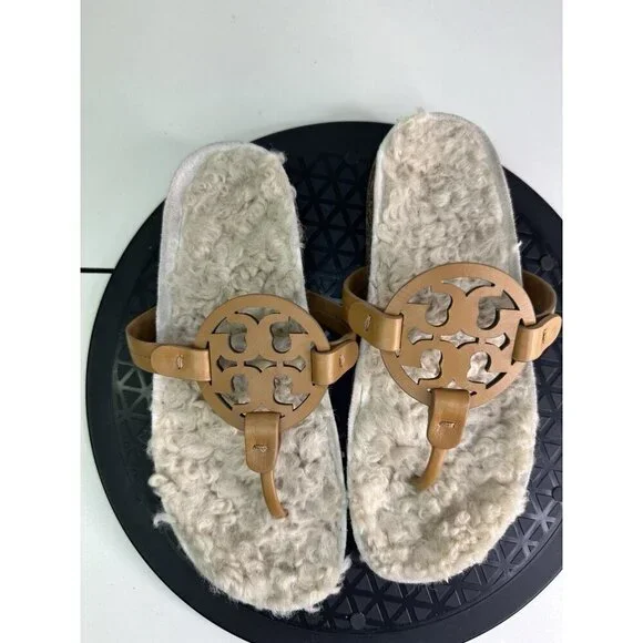 Tory Burch Women Miller Cloud Shearling Leather Slides, Thongs Sandals Sz 6